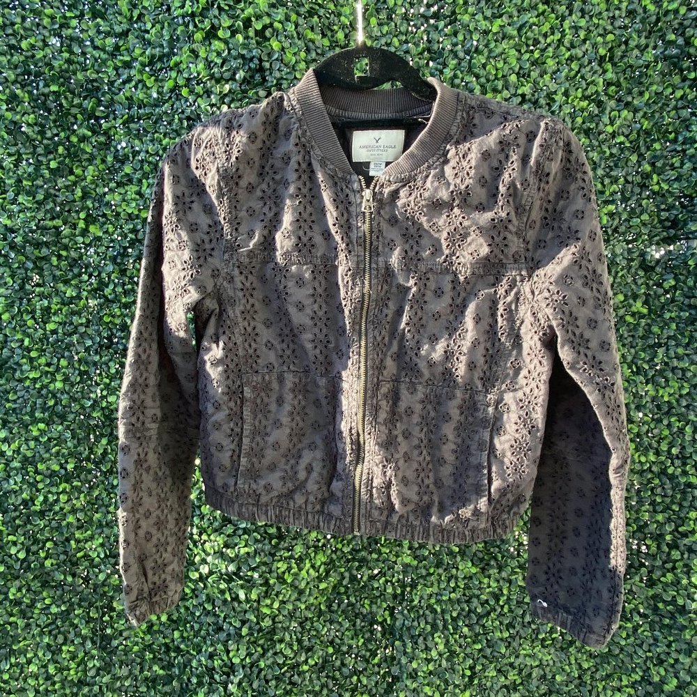 Womens Black Zip-Up Light Jacket with Lace Pattern